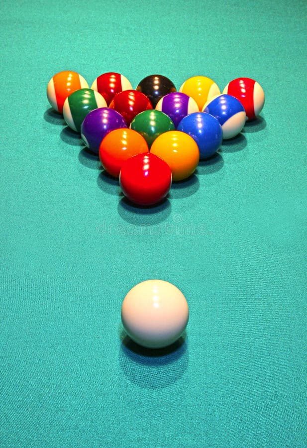 Billiard Balls in the Position of the Pyramid on Green Baize Stock