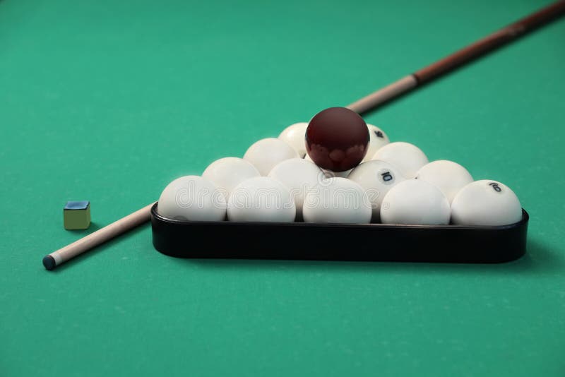 Billiard Balls in Triangle Rack, Cue and Chalk Stock Image Image of