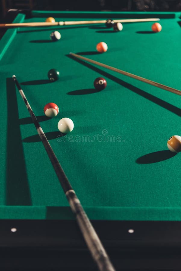 Cues and Balls for Billiards Stock Image Image of leisure, green