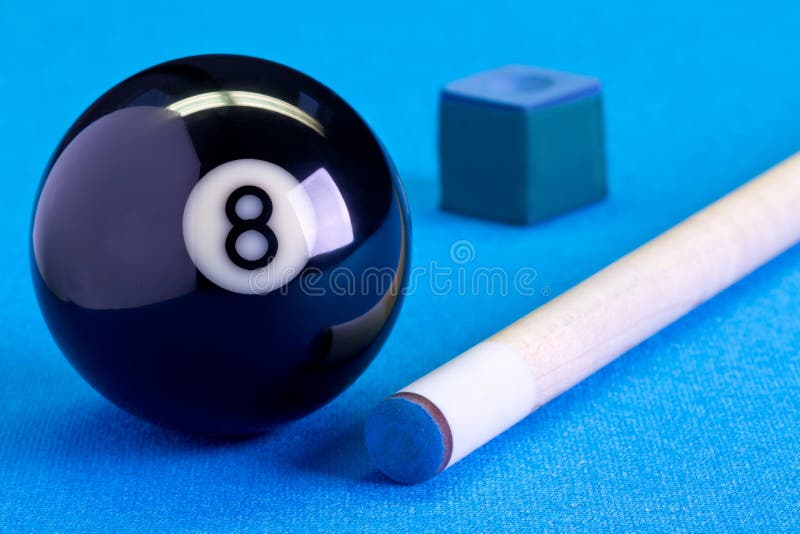 Billiard Pool Game Eight Ball With Chalk And Cue On Billiard Tab Stock