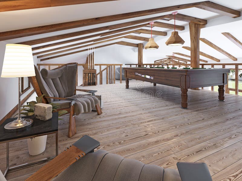 Billiard room in the attic with sitting area and fireplace.