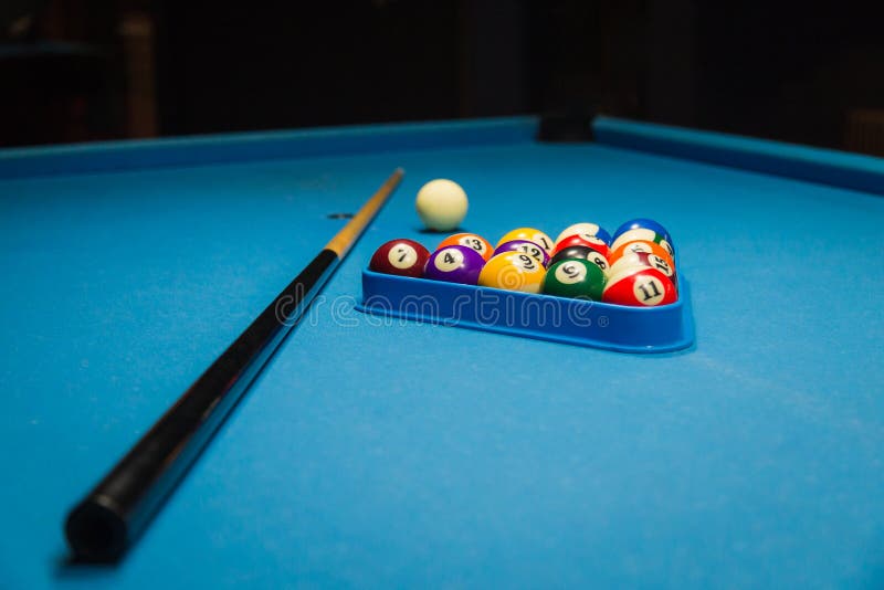 Billiard Pool Balls in Triangle and Stick on Table Stock Image Image