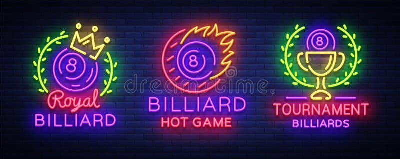 Billiards collection of logos neon style. Neon signs set design template for Billiard bar, club, beer and billiards
