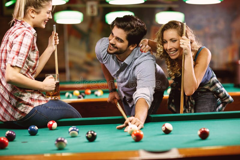 Billiards Game. Friends Playing Pool Together Stock Image Image of