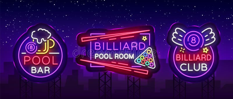 Billiards set of neon signs. Collection Design Patterns Bright neon emblem, logo for Billiard Club, Bar, Tournament