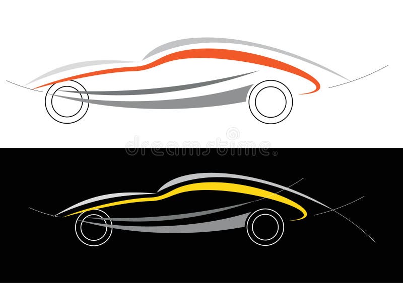 Modern car. Can be used as logotype (logo). Stylized illustration on white and black background. Emblem, design element. Drawing of modern vehicle. Modern car. Can be used as logotype (logo). Stylized illustration on white and black background. Emblem, design element. Drawing of modern vehicle.