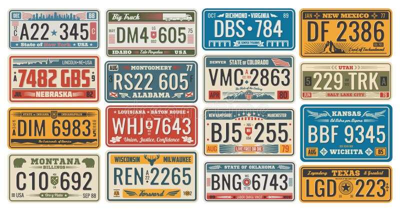 Car license retro cards official numbers for vehicle registration in USA states. Metal sign boards automobile plates with digits and letters, Nebraska and Alabama, Wichita and Texas, Colorado and Utah. Car license retro cards official numbers for vehicle registration in USA states. Metal sign boards automobile plates with digits and letters, Nebraska and Alabama, Wichita and Texas, Colorado and Utah