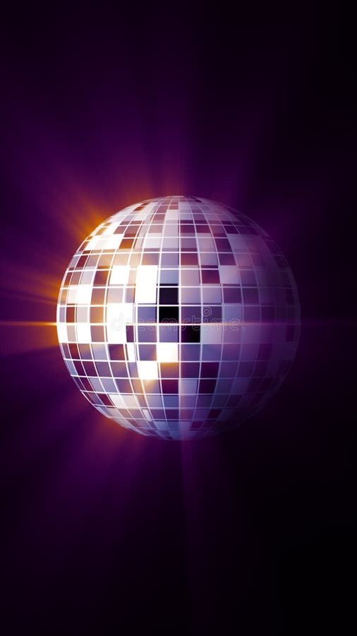 Bilă de oglindă disco stilizată care emite raze de lumină violet în fundal întunecat stock illustration