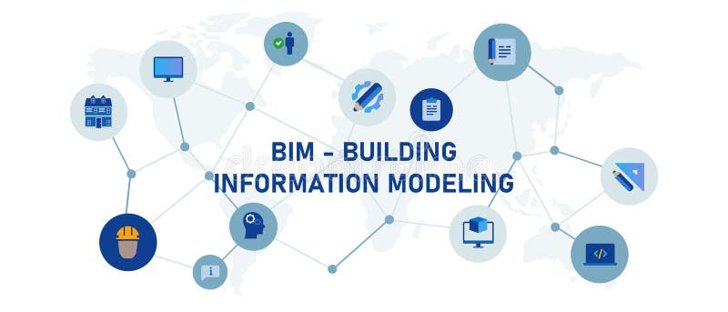 Building Information Modeling (BIM) gebouwbeheer, bedrijfsmanagement, constructie, architectuur royalty-vrije illustratie