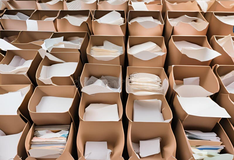 Bin box multiple documents waiting to be shredded. stock illustration.