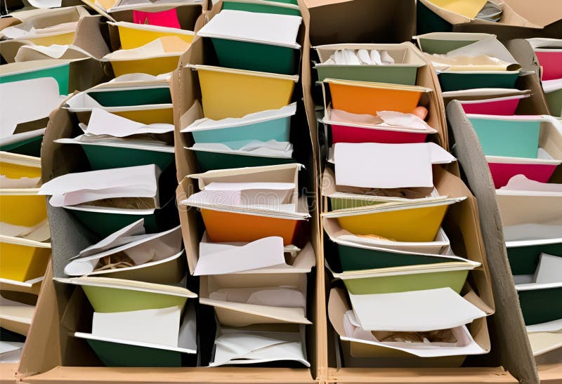 Bin box multiple documents waiting to be shredded. stock illustration.