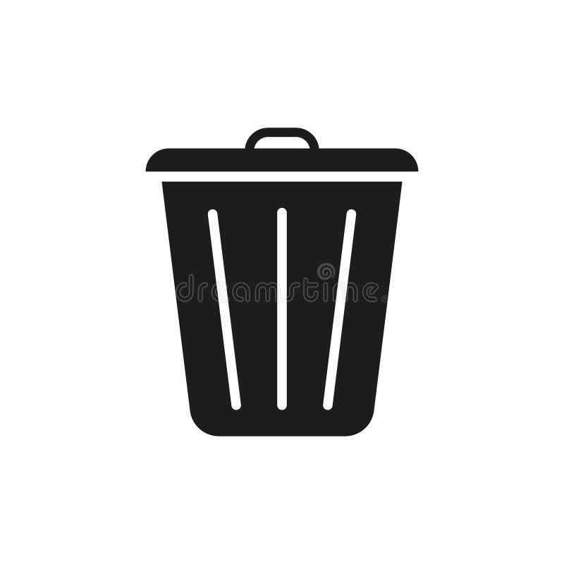 Bin, trash, garbage. Bin, trash, garbage icon. Black dustbin isolated on white background. Symbol for waste. Logo of rubbish. Flat stock illustration