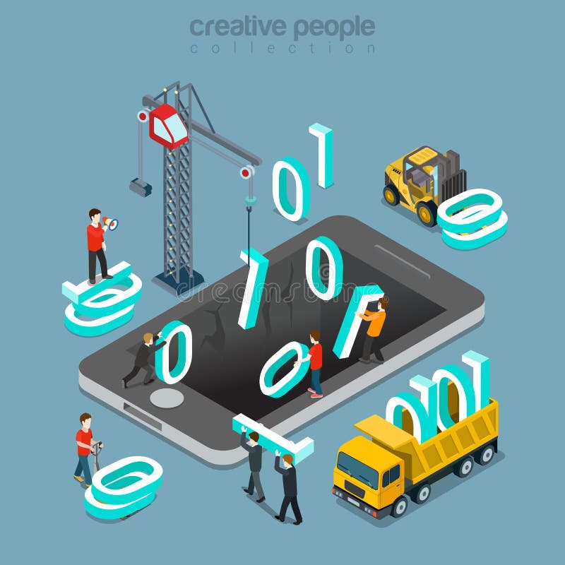 Binarni dane wycelują jeden asembler cyfrowania płaskiego isometric wektor 3d ilustracji Binarni dane wycelują jeden asembler cyfrowania płaskiego isometric wektor 3d ilustracji