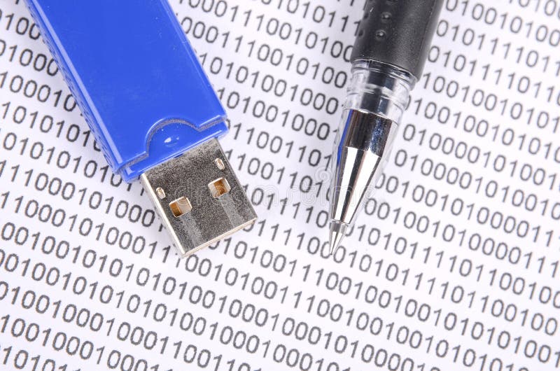 Binary code. USB disk and pen on binary code. Binary code file folder stock images, royalty-free photos and pictures