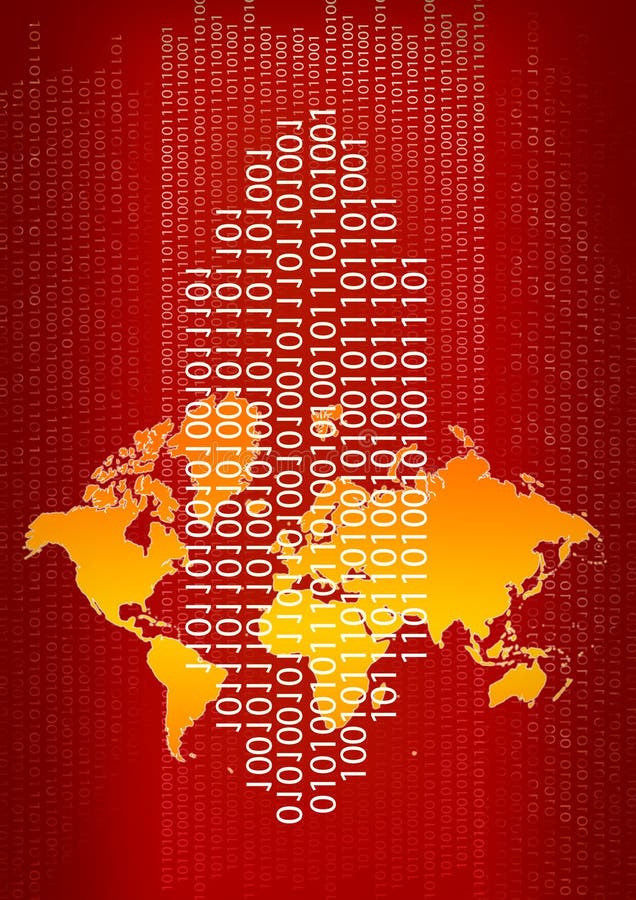 Binary code. On the world map. Binary code background illustrations