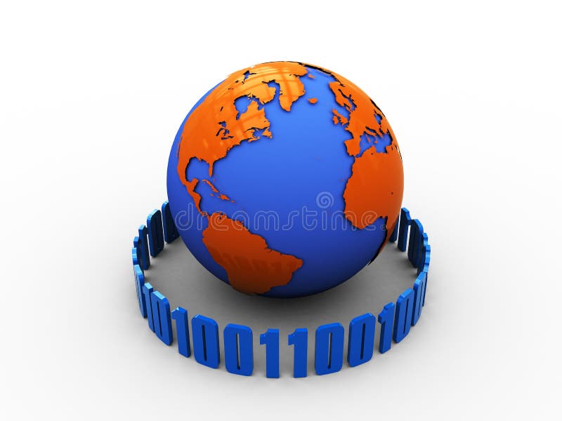 Binary code. 3d illustration of binary code around the earth over white background. Machine binary code illustrations