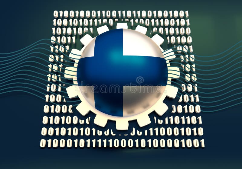 Binary code backdrop. Binary code background with gear and flag of the Finland. Algorithm binary, data code, decryption and encoding. 3D rendering. Binary code zero illustrations