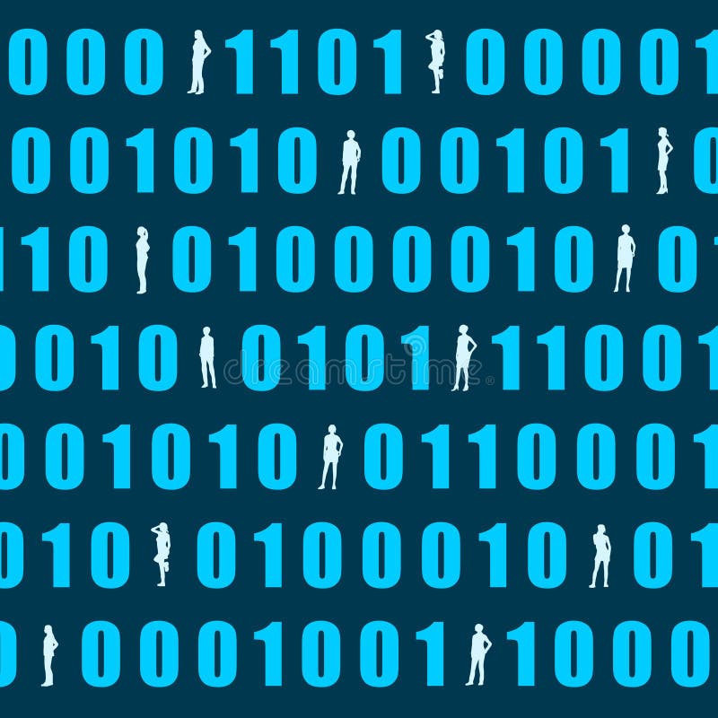 Binary code backdrop. Binary code background with silhouettes of women. Algorithm binary, data code, decryption and encoding, row matrix. Background algorithm binary programming code vectors