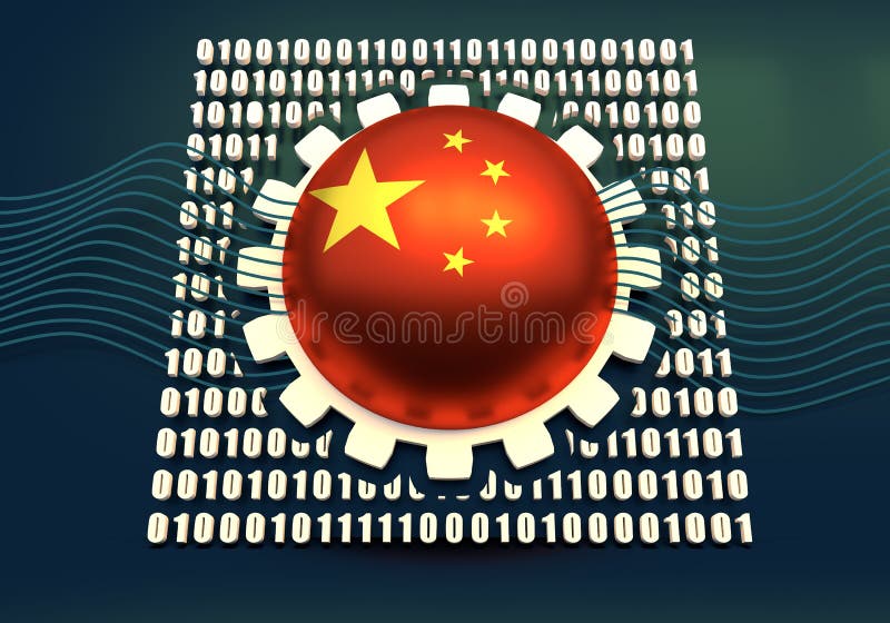 Binary code backdrop. Binary code background with gear and flag of the China. Algorithm binary, data code, decryption and encoding. 3D rendering. Algorithm data software code illustrations