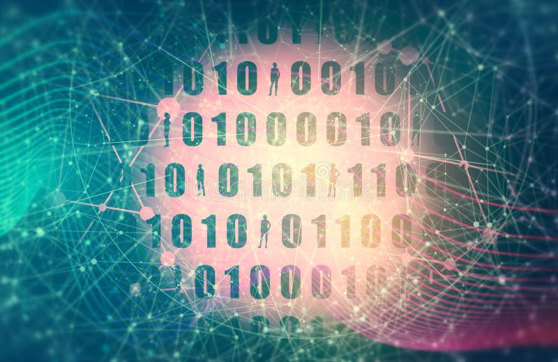 Binary code backdrop. Binary code background with silhouettes of women. Algorithm binary, data code, decryption and encoding, row matrix. Background algorithm binary programming code illustrations