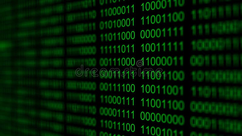 Binary code background with digits moving right on screen. Algorithm binary, data code, decryption and encoding. Deep of field effect. Seamless loop abstract background. Computer binary program code video