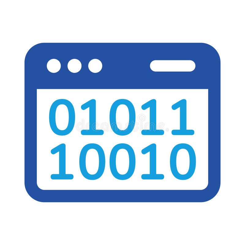 Binary code in browser window, presented as a vector graphic for software development and programming. The design focuses on binary code and programming. It can be used in developer documentation,coding lessons and application presentations, helping communicate the subject in a compact visual format. Code language programming software vectors