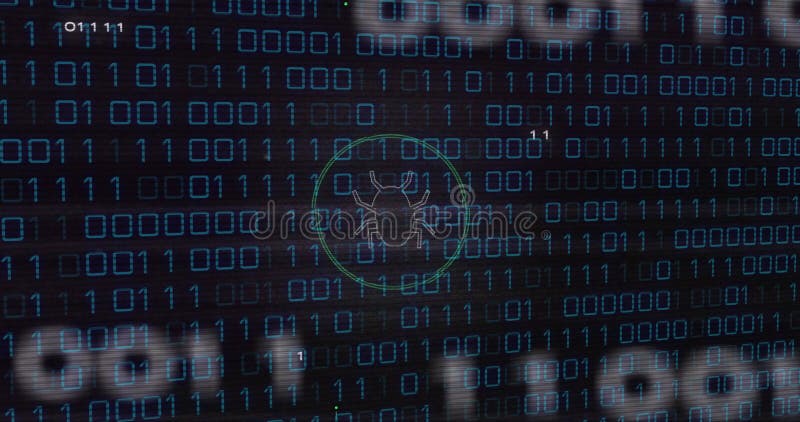 Binary code and bug icon, cybersecurity threat detection animation vector illustration
