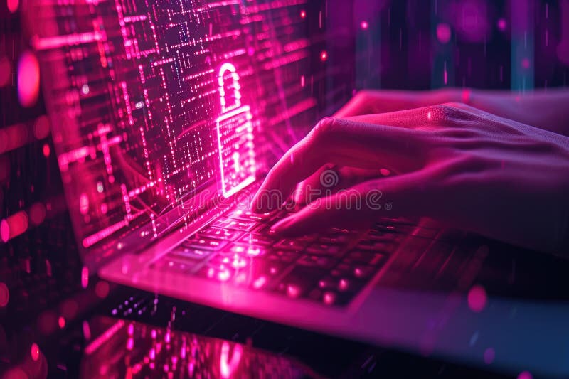 Binary Code and Cyber Defense: Hand Indicates Digital Lock. stock illustration