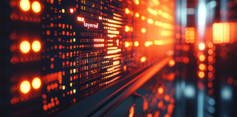 Binary code and data flow on a futuristic digital display stock image