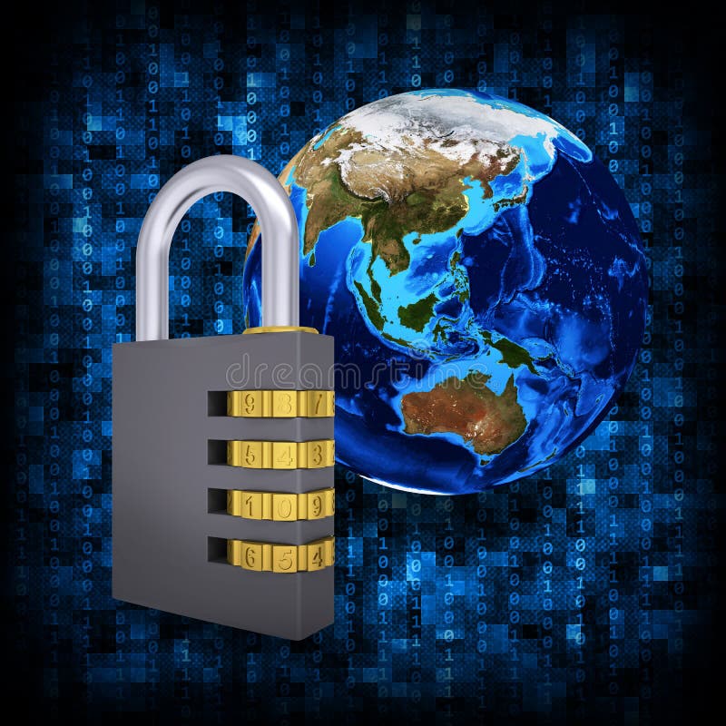 Binary code and Earth with combination lock stock illustration