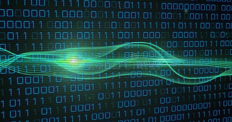 Binary code and green wave animation, data processing concept stock illustration