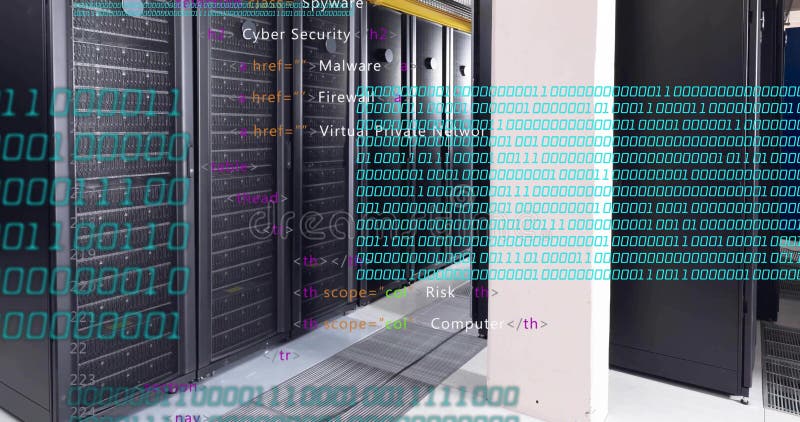 Binary code and HTML tags over server racks in data center, highlighting internet security royalty free stock photography