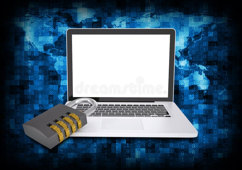 Binary code and laptop with combination lock royalty free illustration