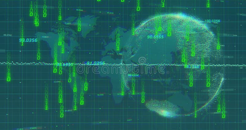 Binary code and numerical data over digital globe and world map image stock photography