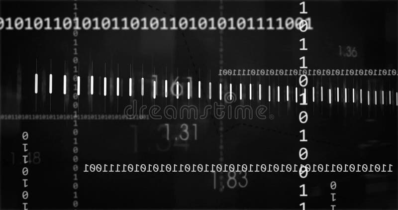 Binary code and numerical data processing animation on dark background. Technology, digital, coding, futuristic, computer, software. Binary coding data processing video
