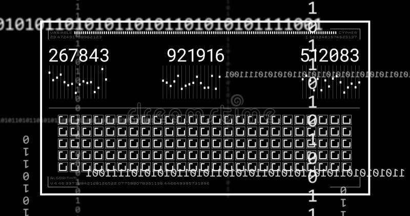 Binary code and numerical data processing animation over digital interface. Technology, futuristic, innovation, cyber, programming, high-tech. Binary coding data processing video