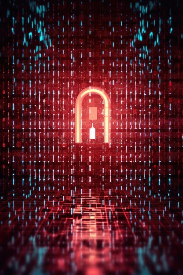Binary code on a screen with a cybersecurity lock icon royalty free illustration