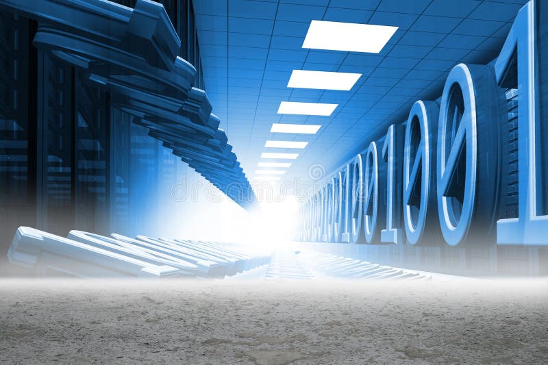 Binary code in server room stock illustration