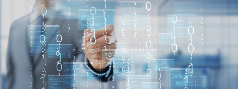 Binary Code and Software Programming Visualization with Interactive Digital Interface stock photos