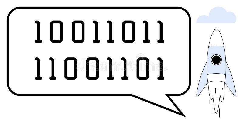 Binary Code Speech Bubble with Rocket Launching into the Sky stock illustration