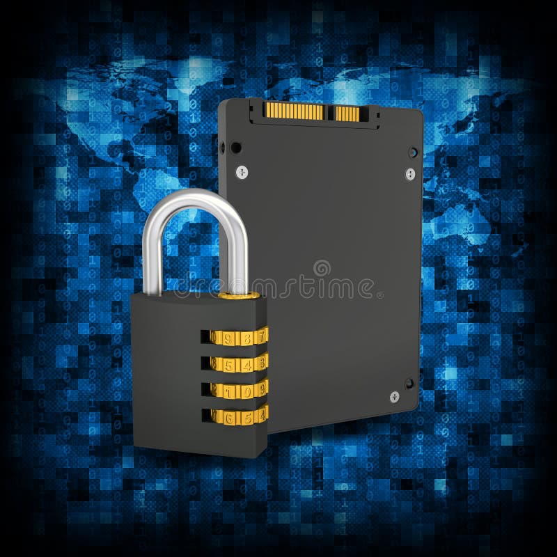 Binary code and SSD with combination lock stock illustration