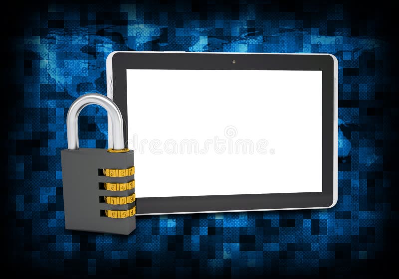 Binary code and tablet pc with combination lock royalty free illustration