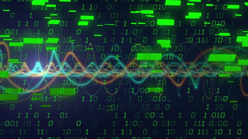 Binary code and waveforms, digital data processing animation over dark background. Technology, futuristic, abstract, cyber, information. Code programming video