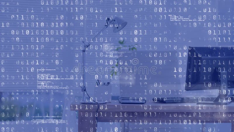 Binary coding data processing against empty office in background. global business and cyber security technology concept. Binary coding data processing video