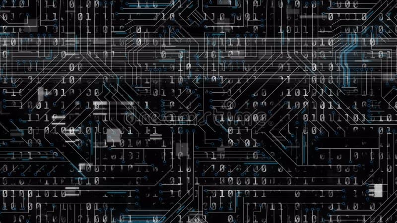 Binary coding data processing against microprocessor connections on black background. digital interface and technology concept. Binary coding data processing video