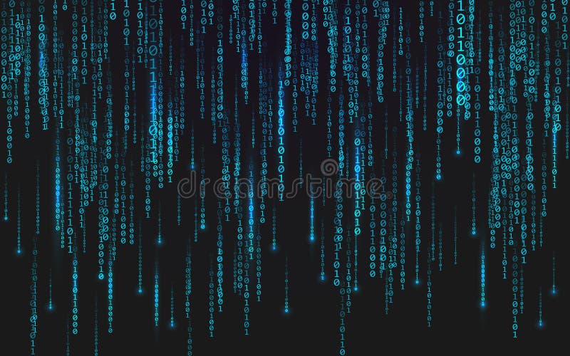 Binary matrix background. Falling digits on dark backdrop. Running random numbers. Abstract data concept. Blue stock illustration