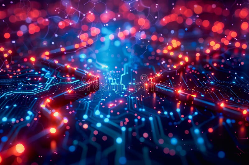 Binary numeric data transmission chain of nodes connected in a network form, p2p connection. AI generated