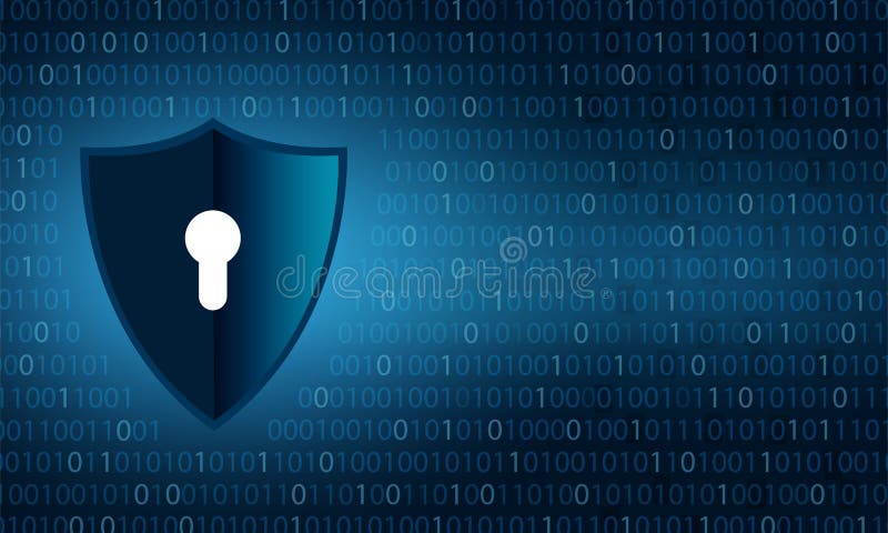 Binary shield security and data privacy protection shield and lock over binary digits background stock illustration