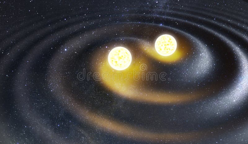 Binary star system generating gravity waves. Gravity and astrophysics concept. 3D rendered illustration.