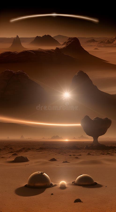 Binary star system over desert alien planet dual suns casting long sh - royalty free illustration.